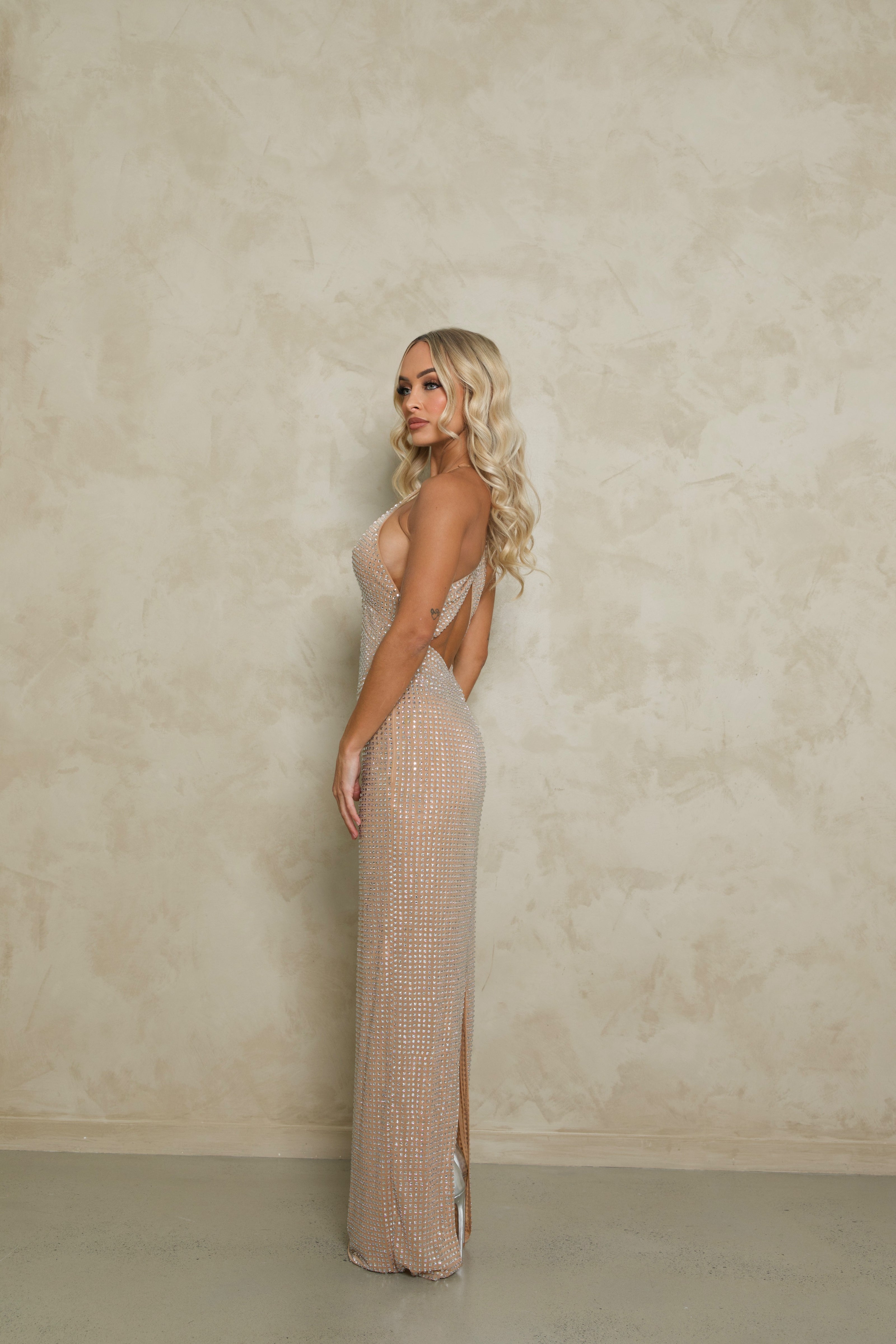 Oh Polly Embellished cut out Maxi - Almond